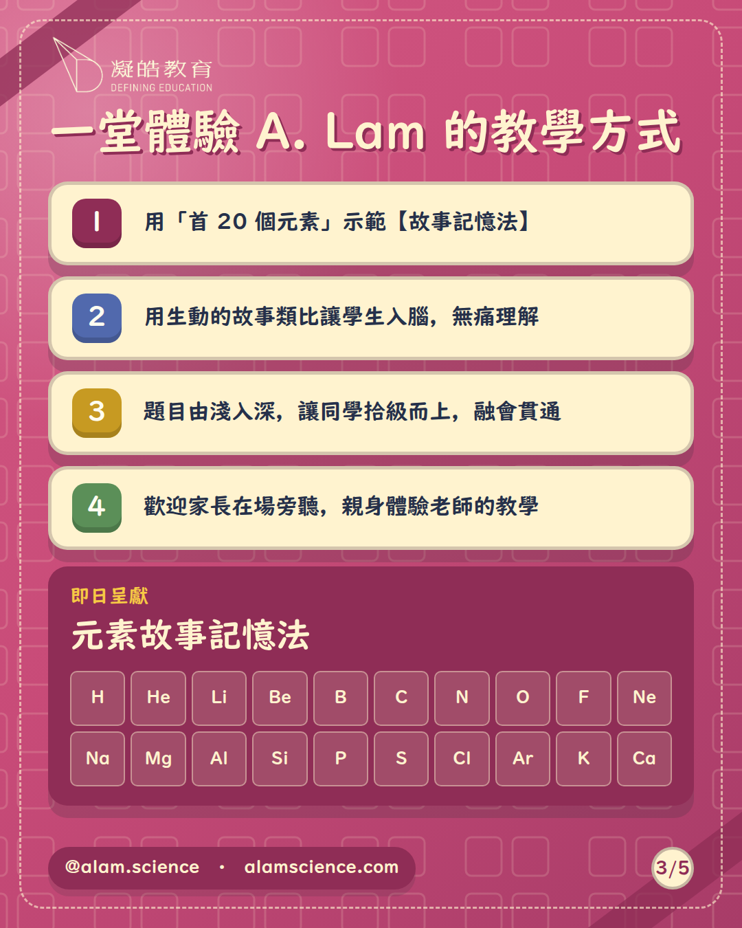 一堂體驗 A. Lam 的教學方式：用 mind-map 拆開物理／化學／生物，用「首 20 個元素」示範記憶法，設有小測／讀默／背默。